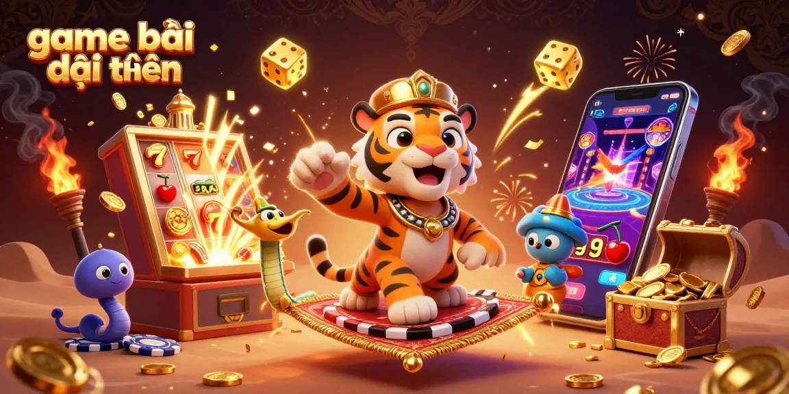 Experience the thrill of game bài đổi thưởng with vibrant 3D casino illustrations capturing dynamic action and rewards.