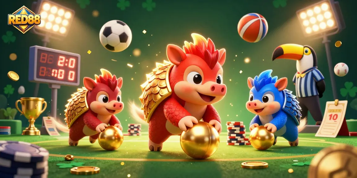 Experience the excitement of RED88 as vibrant pangolins and sports elements collide in this engaging digital casino scene.