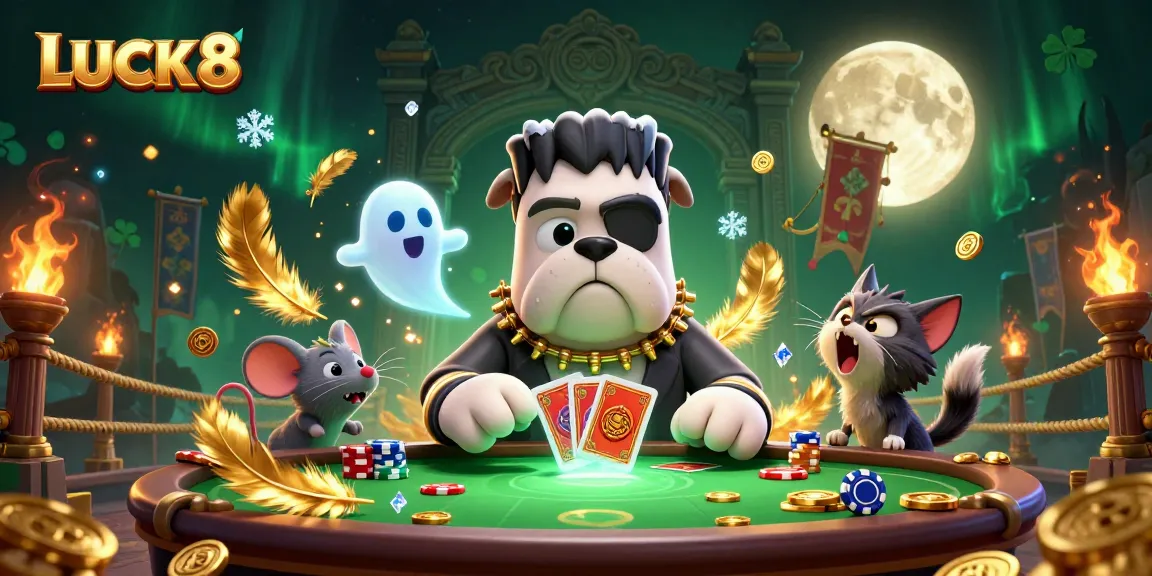LUCK8 showcases a thrilling casino scene with lively characters playing cards and interacting in an exciting gaming environment.