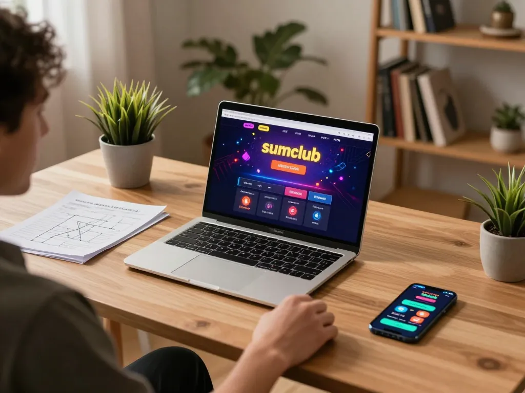 Player engaging with the sumclub casino interface on a laptop amid cozy home decor.