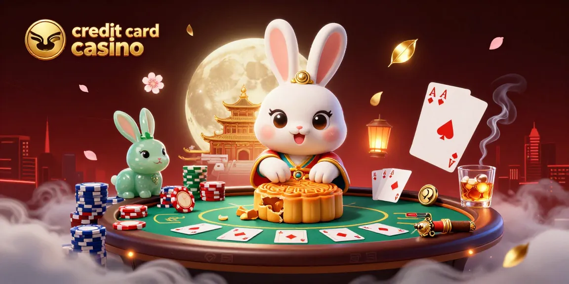 Engage with the dynamic scene of a credit card casino featuring a whimsical moon rabbit amidst poker elements.