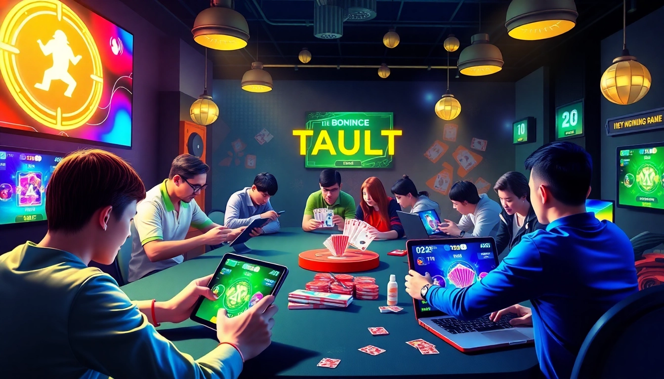 Exciting gaming atmosphere at gamebaidoithuong.com.vc featuring players enjoying card games like Tiến Lên and Phỏm.