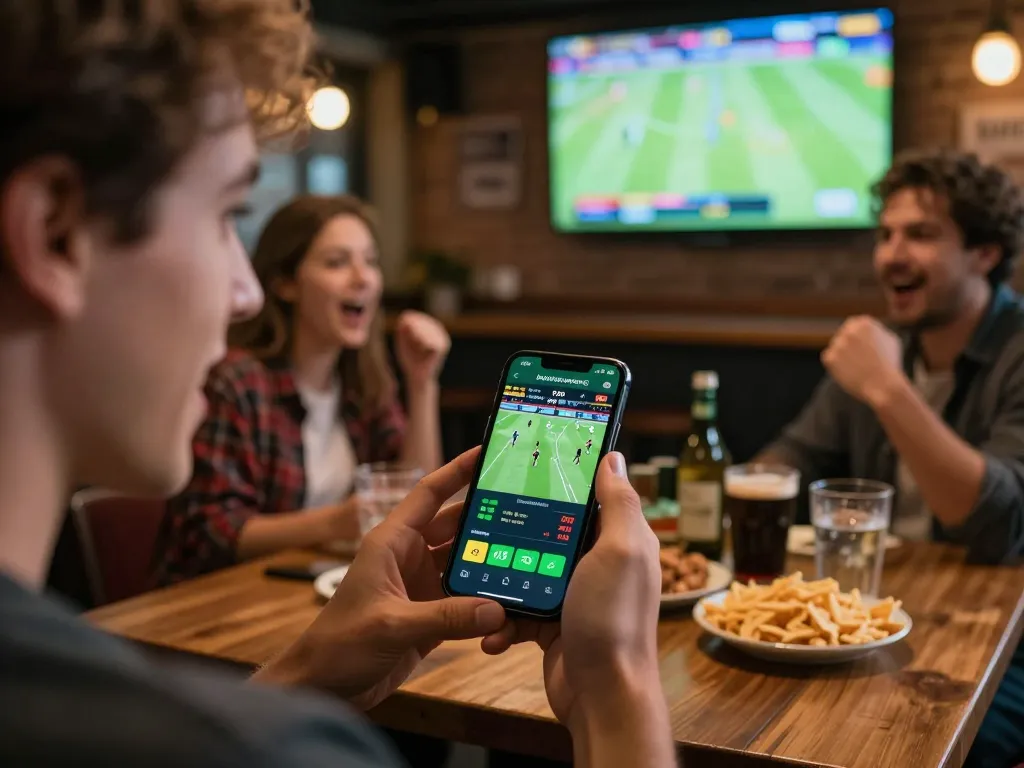 Person engaging in sports betting with the ok8386 app during a live game, showcasing excitement and social betting atmosphere.