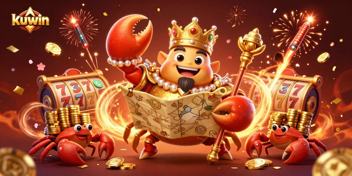 Kuwin's vibrant scene showcases a golden crab emperor leading a celebration with gaming elements and joyous gambling symbolisms.
