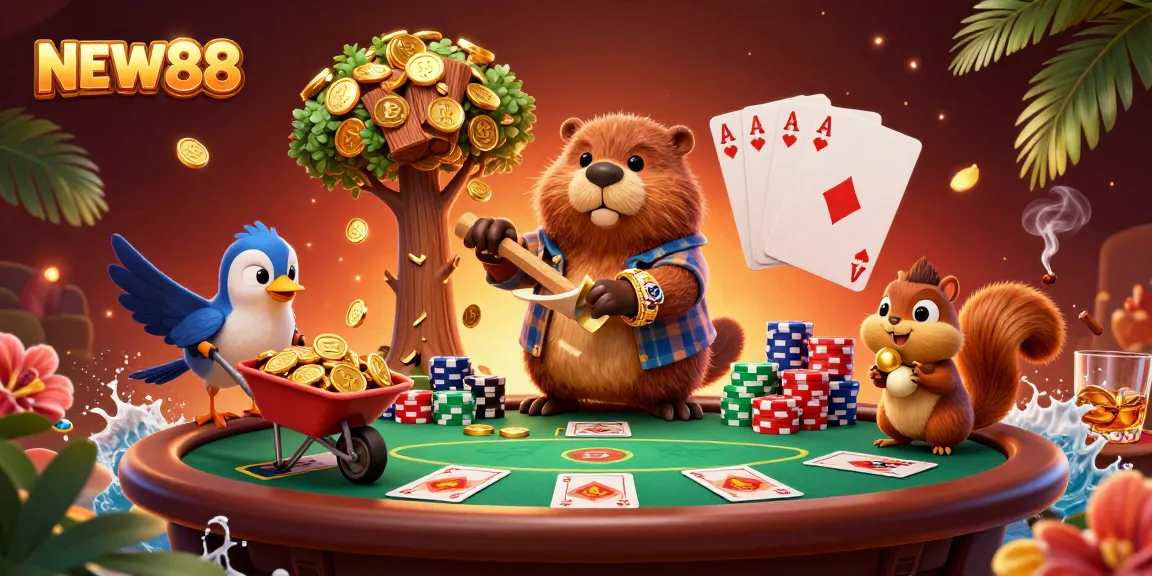 NEW88 showcases a vibrant 3D scene with a beaver, bird, and squirrel in a dynamic casino atmosphere.