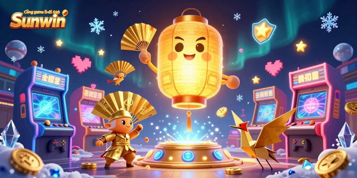 Cổng game bài đổi thưởng Sunwin showcases the vibrant casino atmosphere with a glowing lantern spirit and arcade elements.