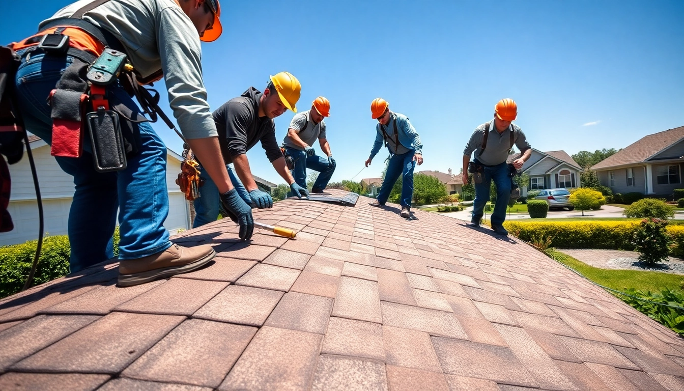 Roofing company team working diligently on a new roof installation, showcasing craftsmanship.