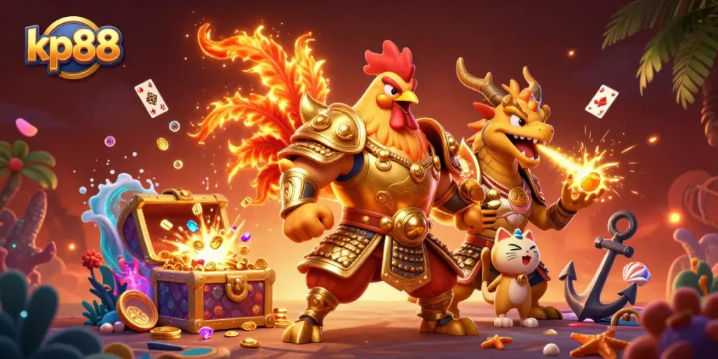 Engage with kp88's vibrant online casino scene featuring an armored rooster and dragon amidst treasure.
