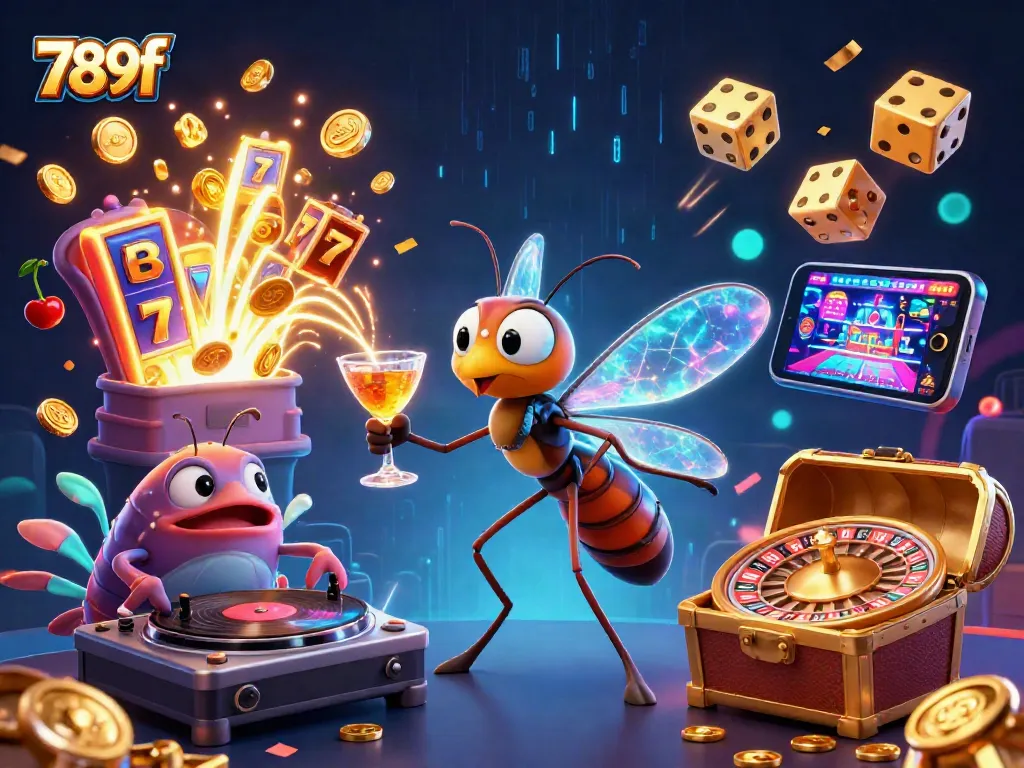 The 789f casino features a vibrant scene with a frozen-in-amber mosquito mascot and dynamic game elements.