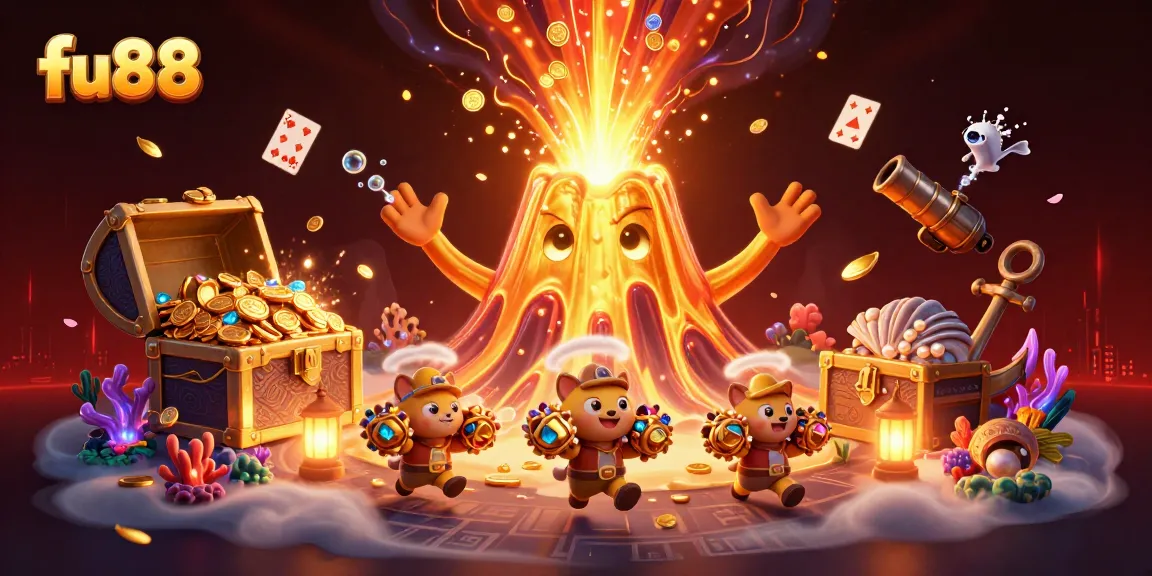 Experience the thrill of fu88 with an erupting volcano of treasures and vibrant casino elements.