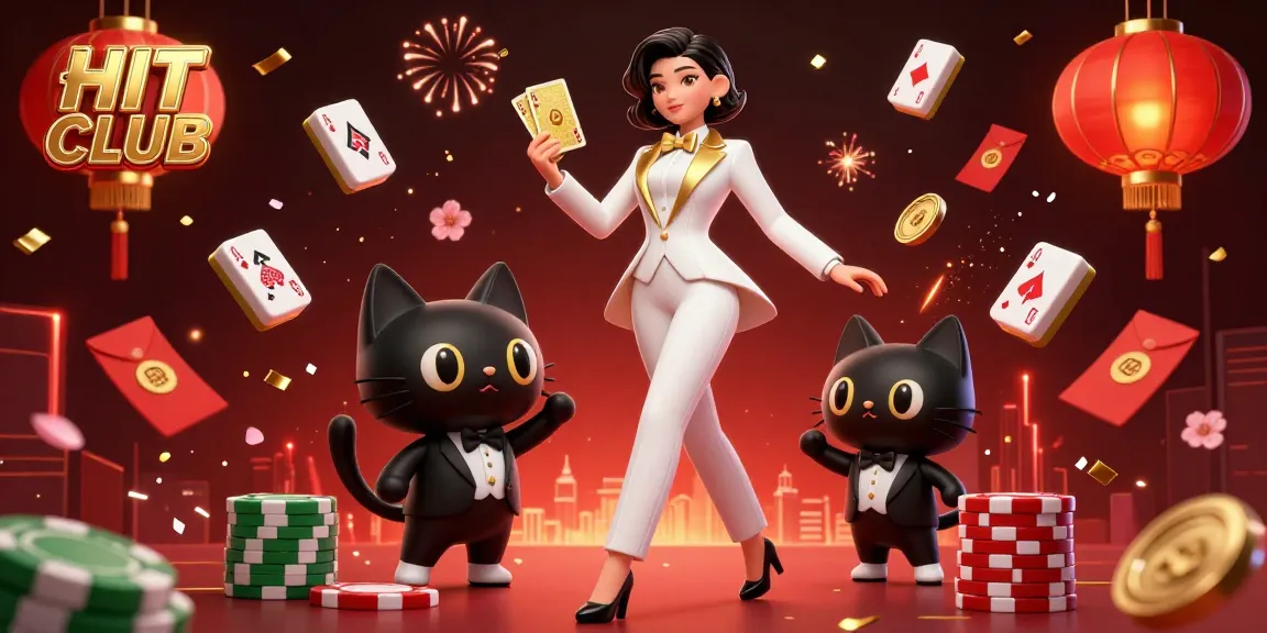 HIT CLUB casino scene with a glamorous dealer shuffling cards beside a tuxedo cat amidst floating game elements.