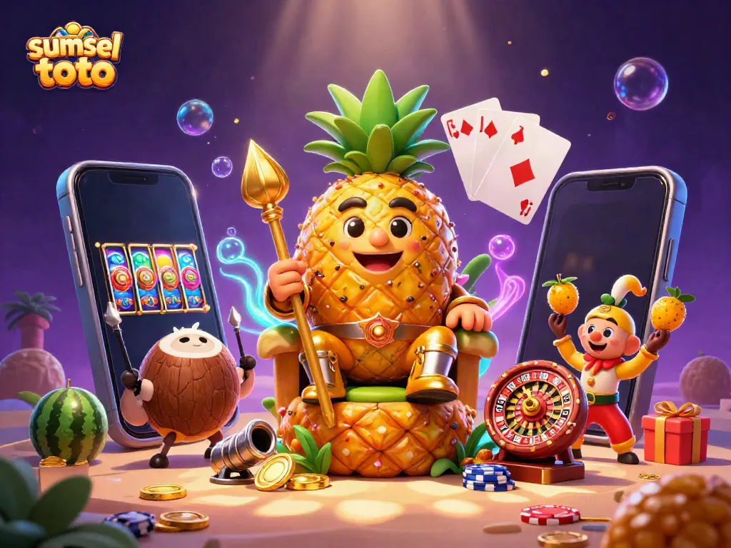 Experience the excitement of sumsel toto with a vibrant 3D scene featuring a golden pineapple king, casino elements, and joyful characters.