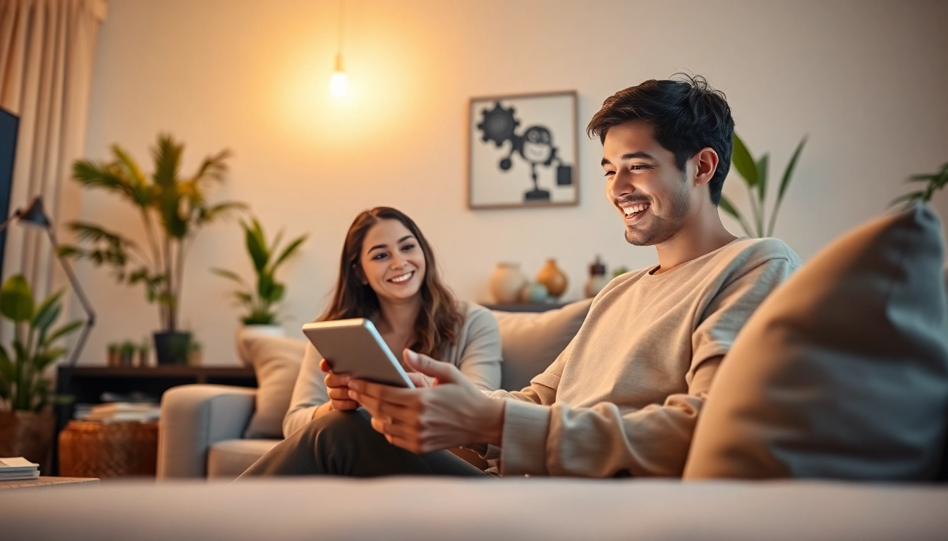 A person enjoying a conversation with their AI girlfriend on a digital device in a cozy indoor setting.