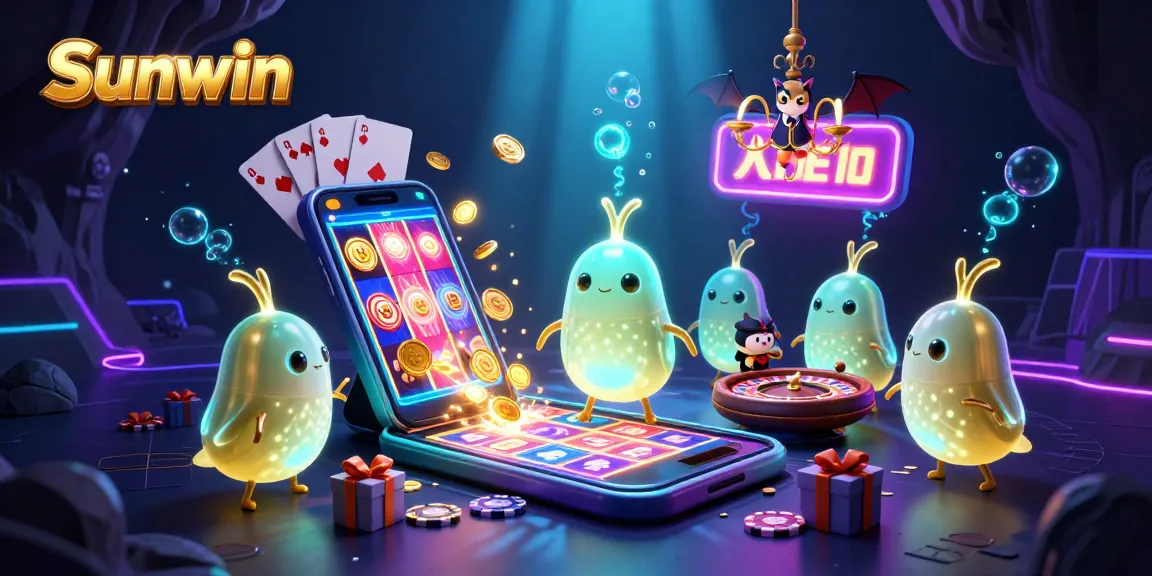 Experience the excitement of Sunwin casino games in a vibrant cave scene illuminated by glowworms and a bat dealer.