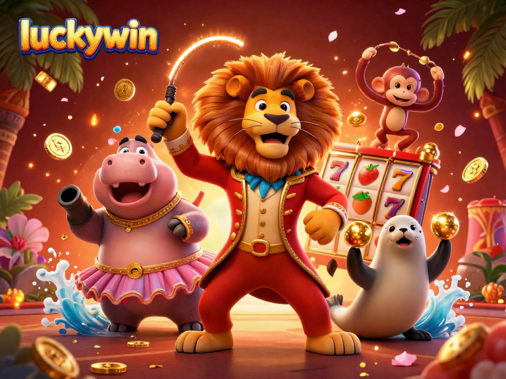 Experience a vibrant luckywin casino scene with cartoon characters engaging in thrilling gameplay.