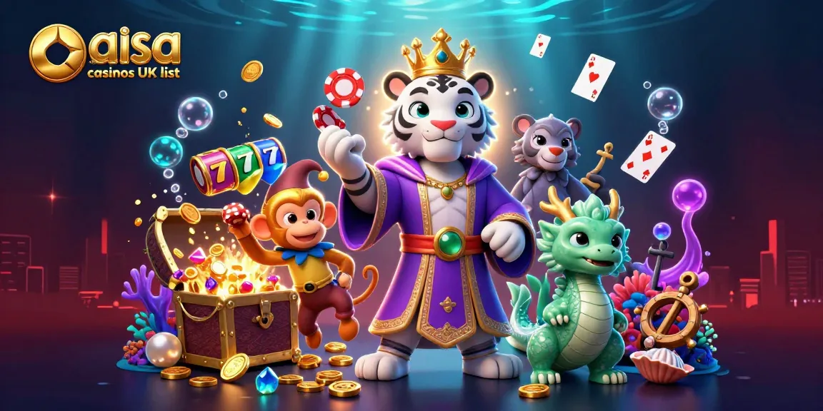 A vibrant illustration showcasing aisa.org.uk credit card casinos UK list with a white tiger, monkey, and dragon in a casino theme.