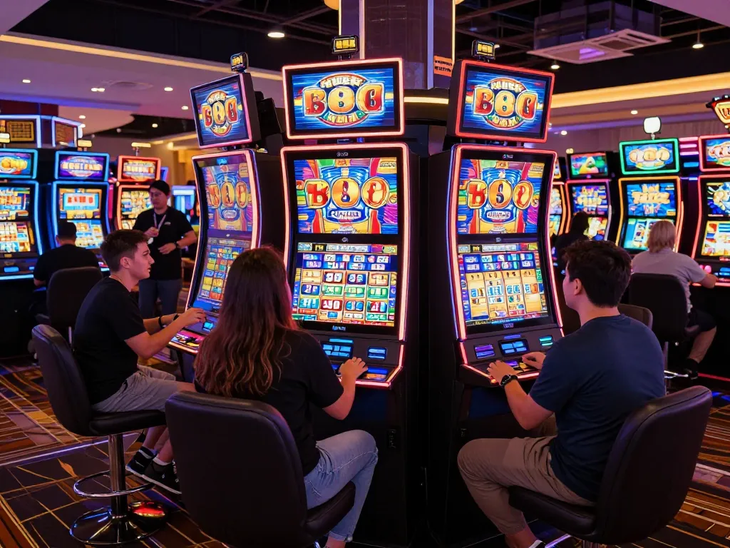 Players thrillingly engage with the Lucky 88 slot machines in a colorful casino environment.