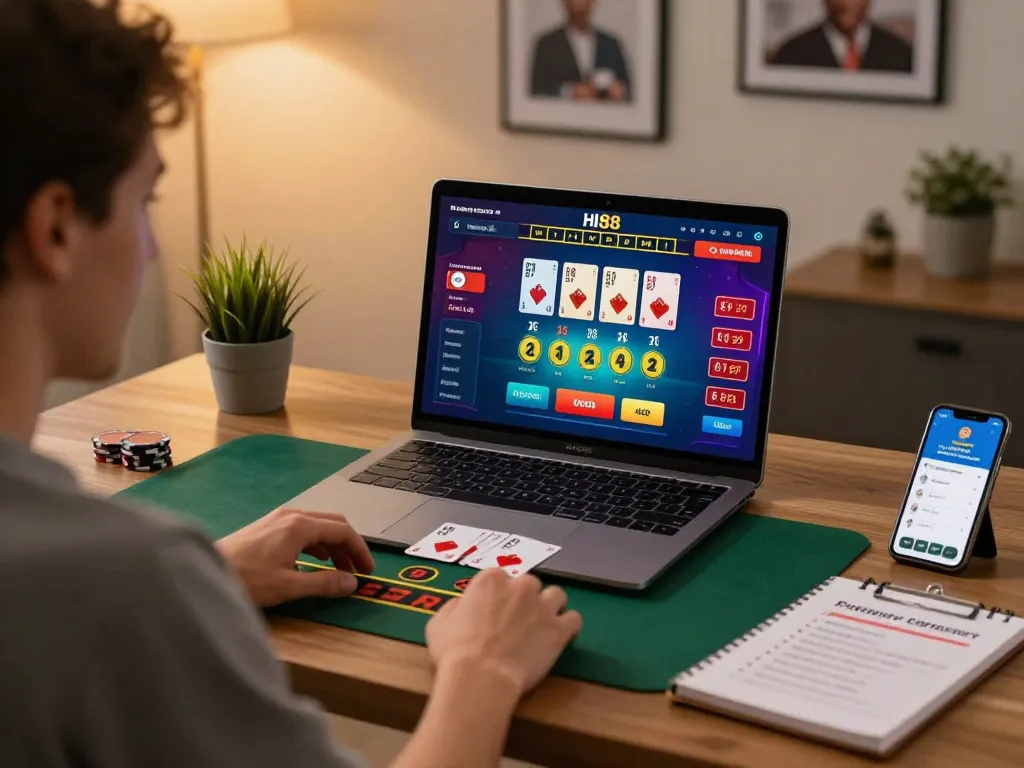 Player enjoying an online blackjack game at HI88, showcasing excitement and strategy.