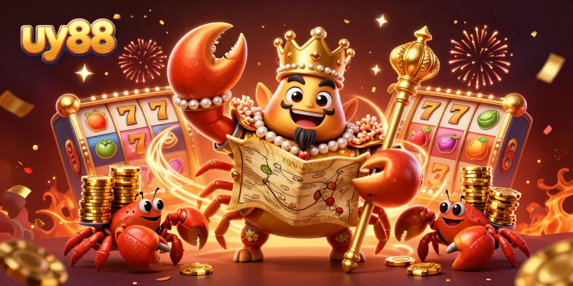 Spin and win at uy88 with a vibrant scene of a golden crab emperor and slot game elements.