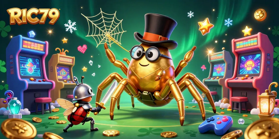 Engage at RIC79 with a vibrant 3D digital illustration showcasing a golden tarantula, beetle knight, and arcade elements in a casino world.