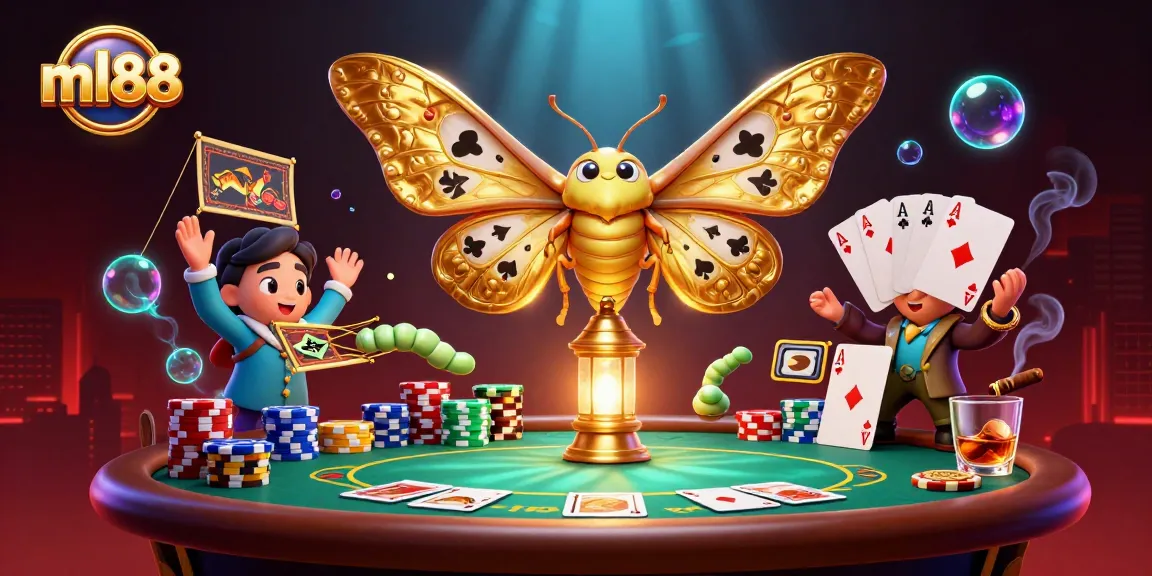 Experience the excitement of ml88's vibrant casino scene with a radiant atlas moth and intricate gaming elements.