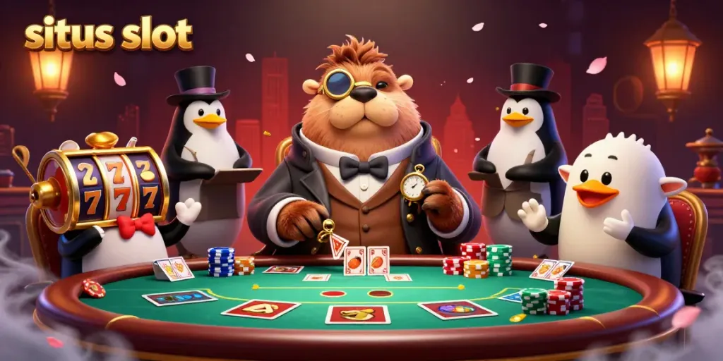 Experience the excitement of situs slot with a playful walrus and intriguing characters at an underwater poker table.