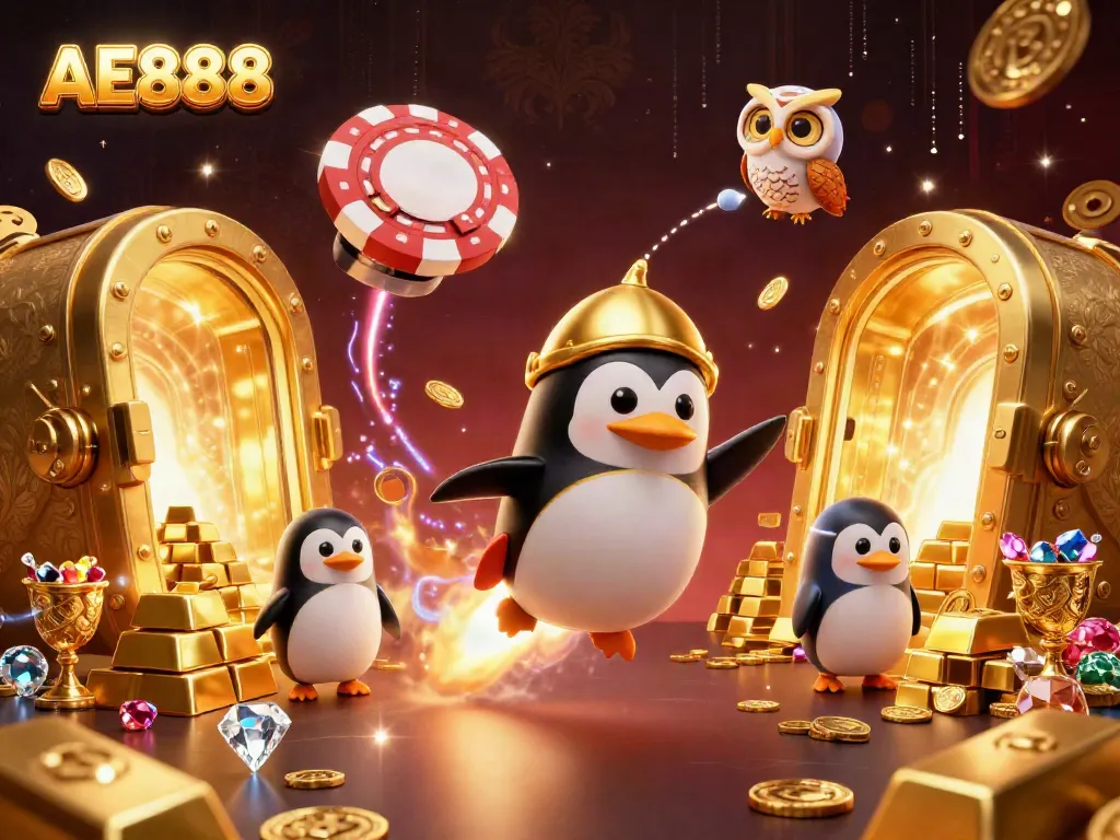 Experience thrilling gaming adventures at AE888 with a magnificent golden penguin and poker chip casino design.
