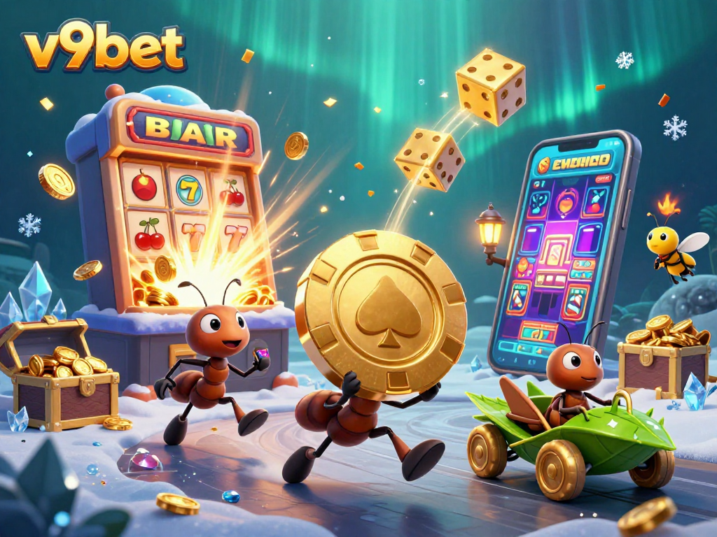 Join the adventure as v9bet's ants carry a giant poker chip amidst a vivid casino landscape.