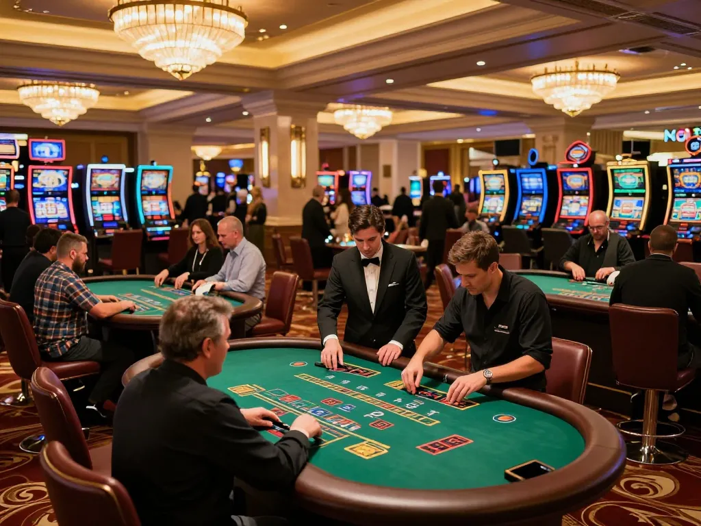 okwin68 players engaging in exciting blackjack action under luxurious casino lights.
