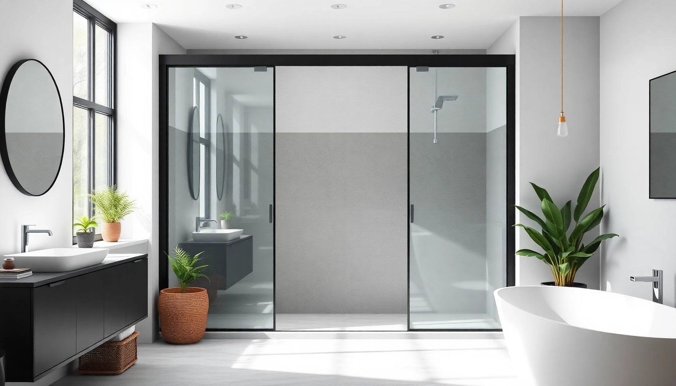 Showcasing black frame shower doors in a modern, sleek bathroom setting with natural lighting.