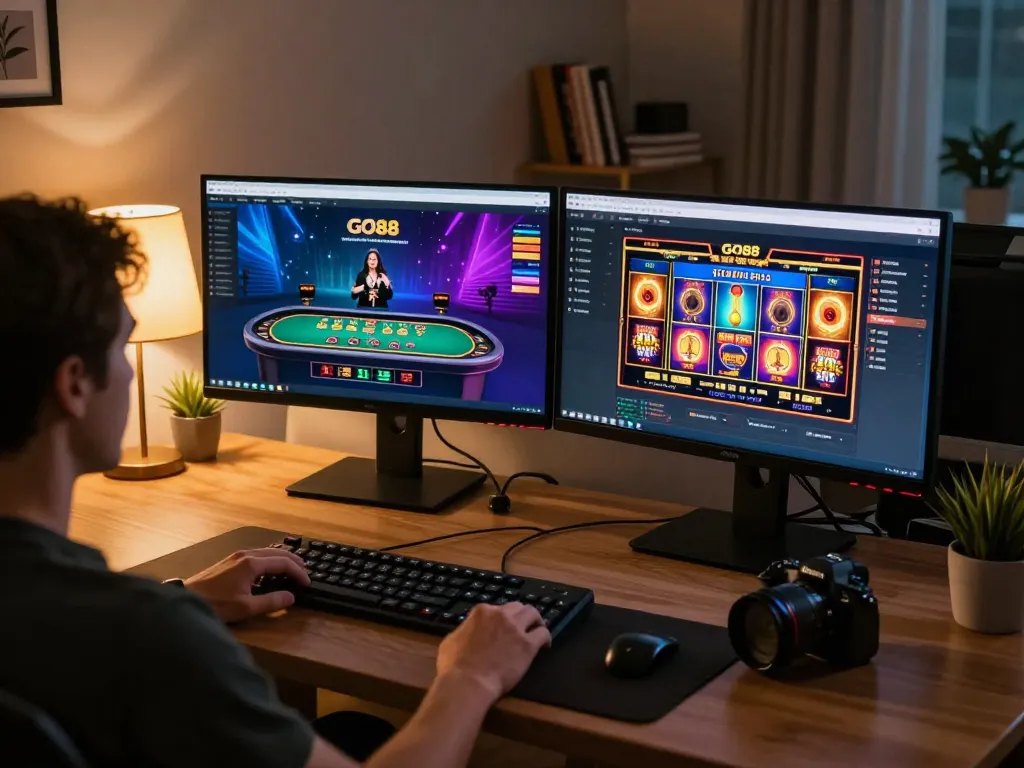 Engaged user playing GO88 online casino on multiple screens, showcasing vibrant game interfaces for an immersive experience