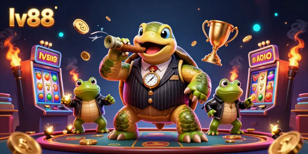 Engaging casino scene with lv88 featuring a snapping turtle mobster along with bullfrog enforcers under dynamic lights.