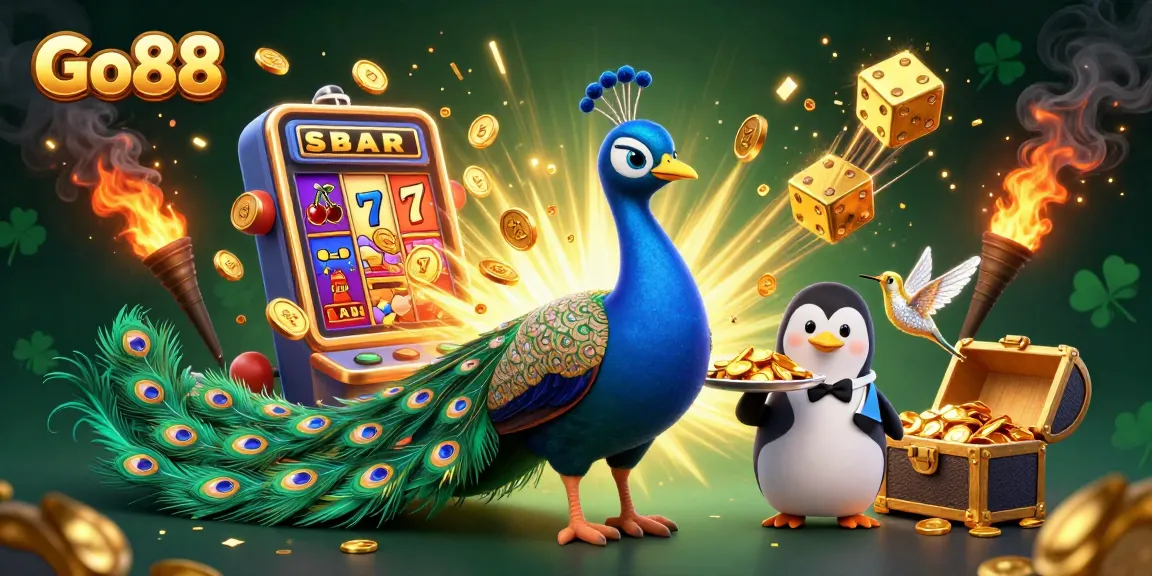 Engage with Go88's exciting gaming world featuring dynamic scenes of slot machine jackpots and vibrant characters.