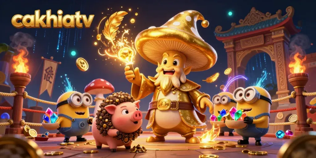 Cakhiatv captures the excitement of gaming with a magical golden mushroom wizard and treasure-filled scene.
