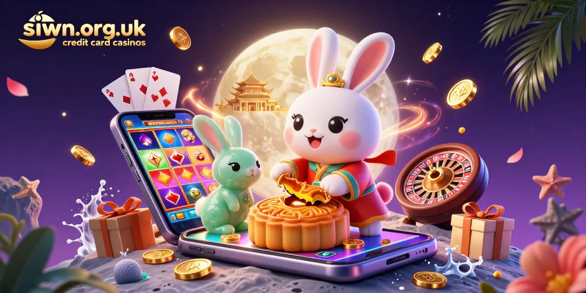 Engage with siwn.org.uk credit card casinos where playful moon rabbits celebrate with poker chips amidst vibrant casino elements.