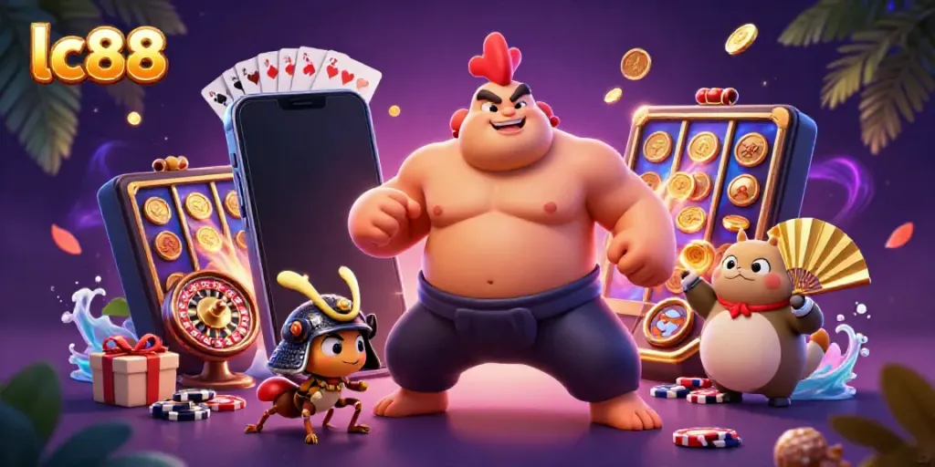 lc88 promotes exciting casino gaming with a dynamic sumo rooster and samurai cricket.