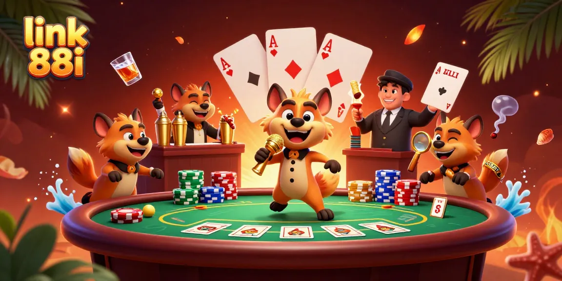 Enjoy thrilling games with link 88i in a vibrant 3D casino scene featuring hyena characters and poker elements.