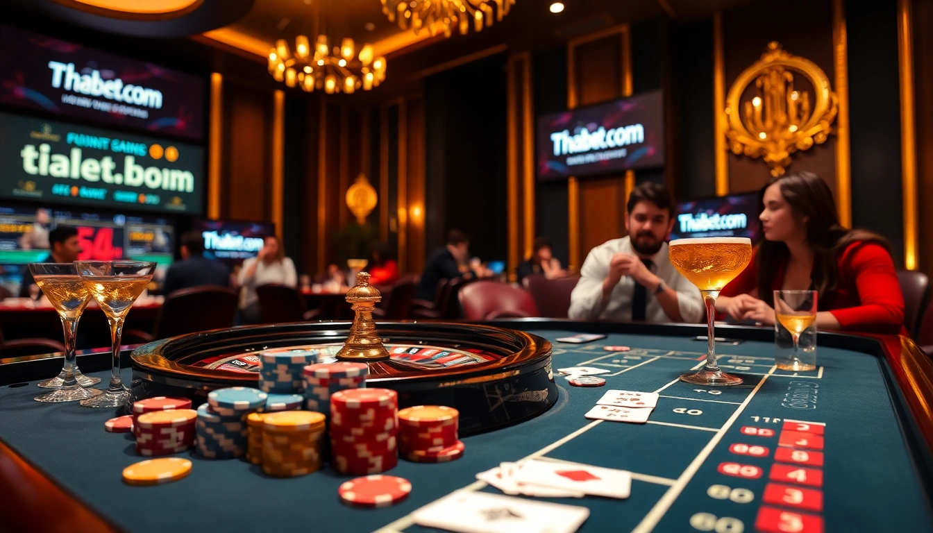 An exciting casino gaming scene featuring thabet.com with vibrant poker chips and roulette wheel.