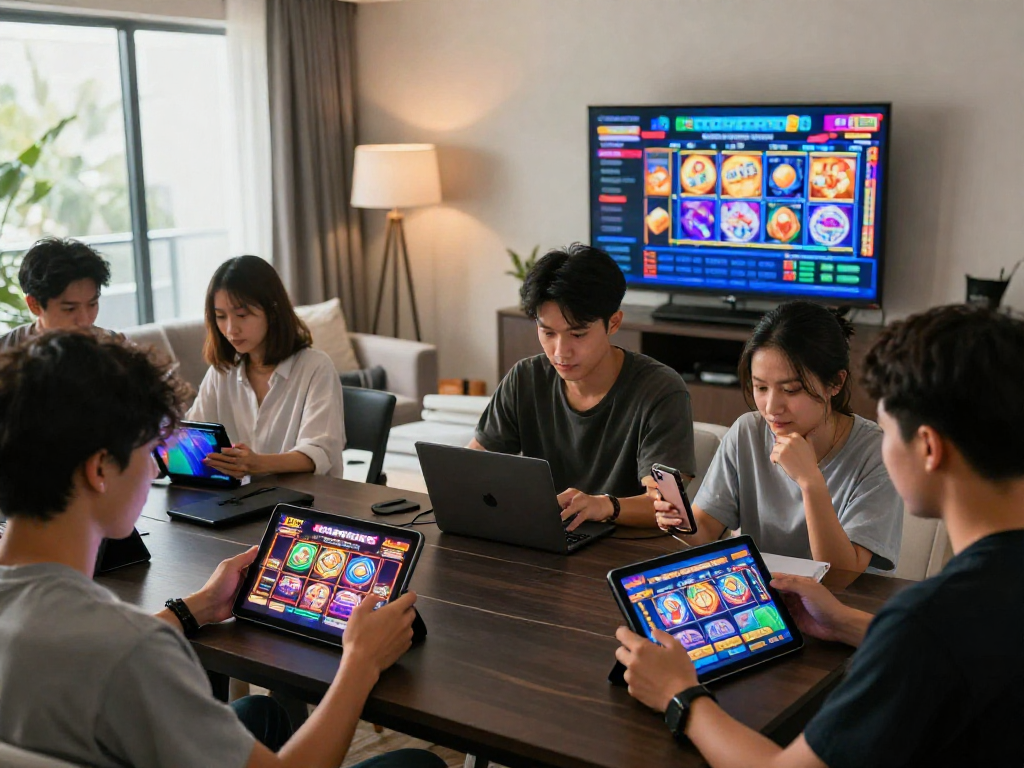 Vibrant online gaming scene showcasing players using rokok88 link alternatif on modern devices, filled with excitement and anticipation.