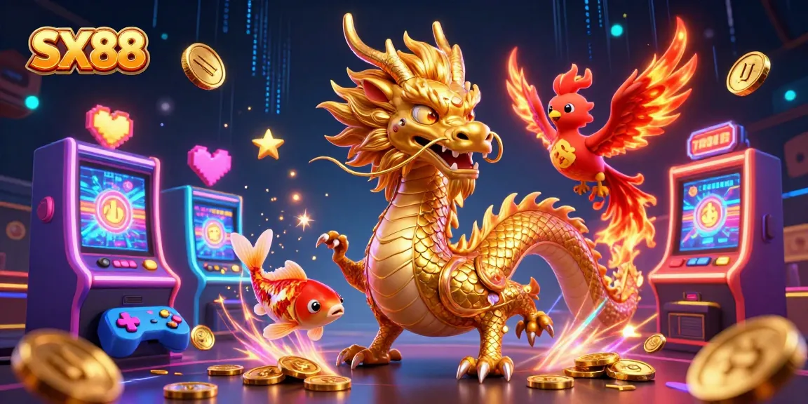 SX88 features a dynamic golden dragon, red phoenix, and koi fish amid vibrant slot machine elements in a colorful illustration.
