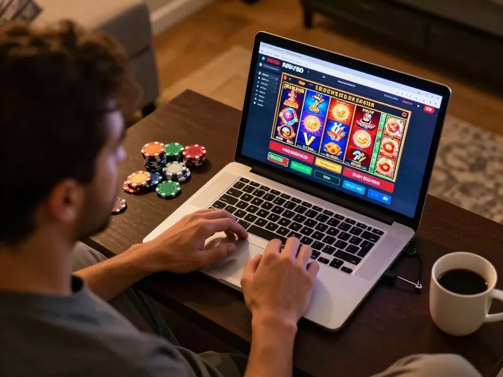 Nohu90 online casino player enjoying slot games at home, creating a strategic gaming environment.