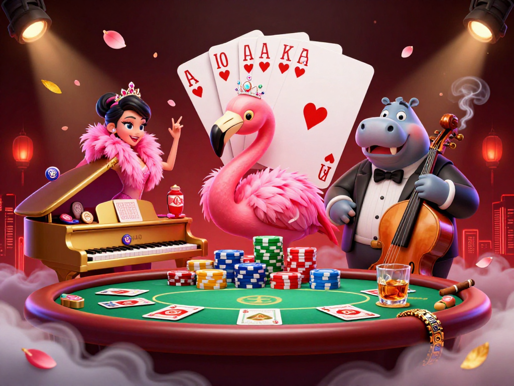 Experience the vibrant casino atmosphere with mn88, featuring a flamingo singer and hippo bassist amidst poker chips and lights.