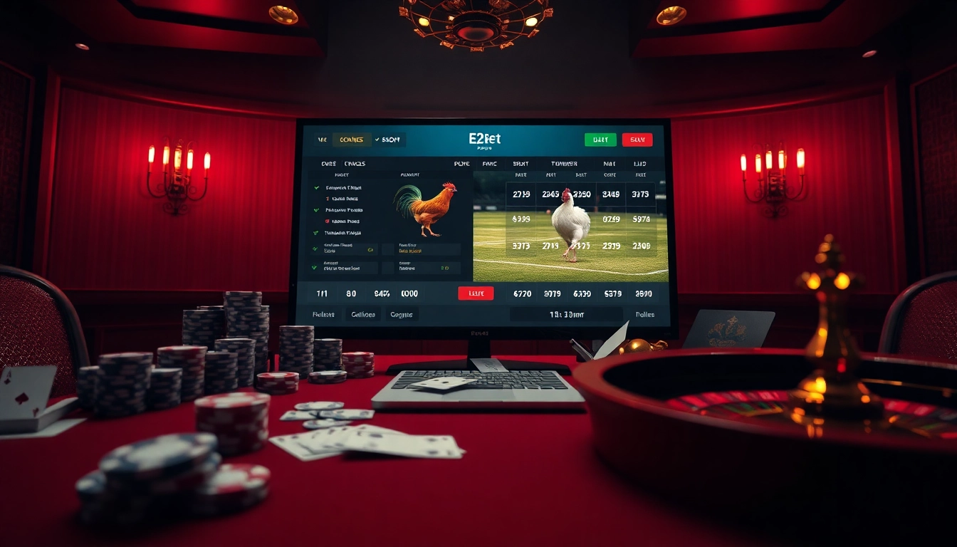 Betting on đá gà e2bet with a lively online interface showcasing casino elements and engaging visuals.