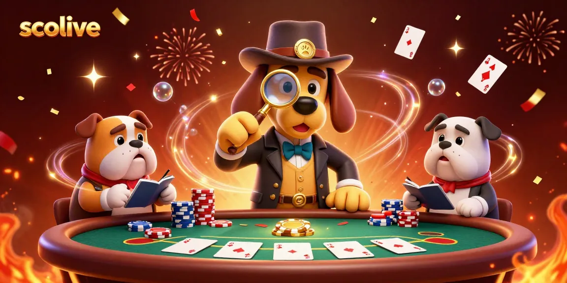 Socolive poker scene with a detective examining a golden chip, capturing the thrill of high-stakes gaming.