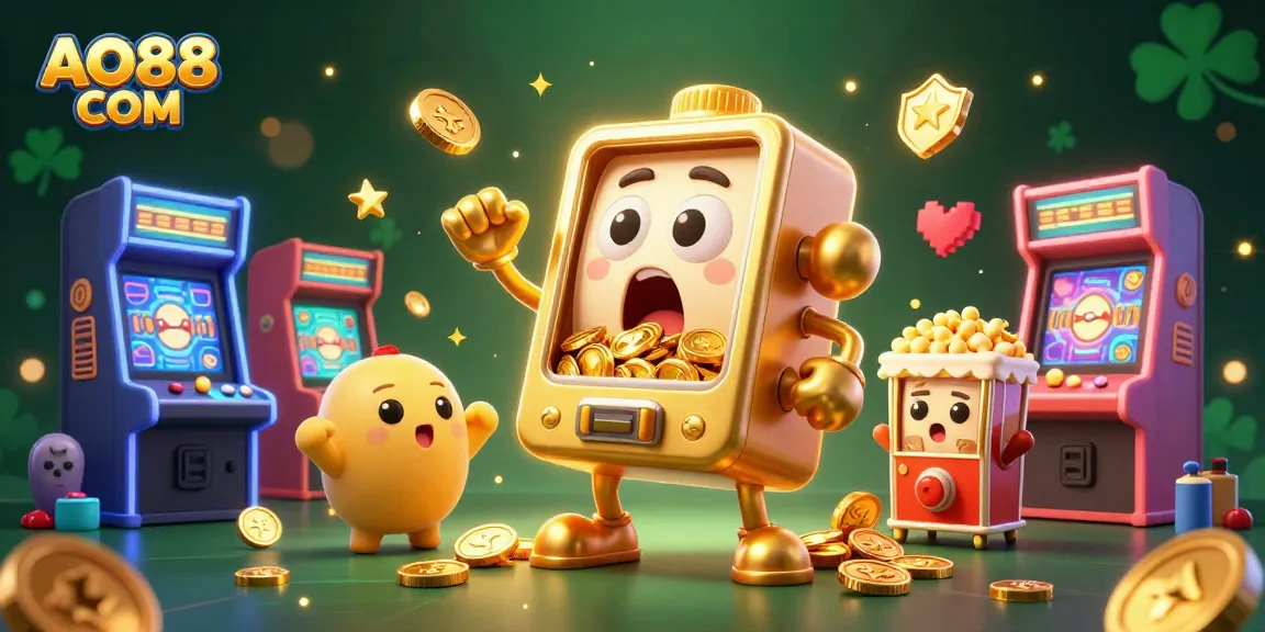 Experience the excitement at AO88 COM with a fun illustration of a golden slot machine hitting the jackpot!