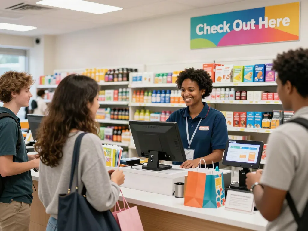Bright retail checkout scene with "Check Out Here" signs guiding customers.
