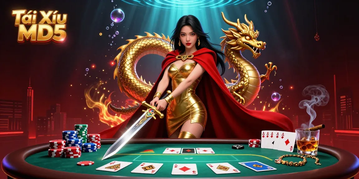 Tài Xỉu MD5 engaging in epic casino action with poker elements and a warrior queen surrounded by vibrant 3D details.
