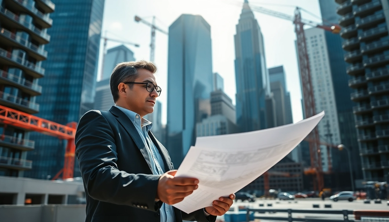 A New York Construction Manager expertly leads a bustling construction project in an urban skyline.