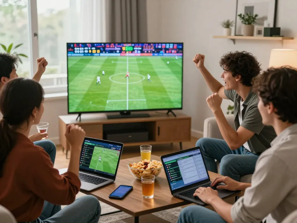 Friends analyzing tỷ lệ kèo while enjoying a football game together in a lively living room.