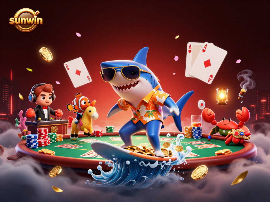 Surf victorious with sunwin, as a shark and friends immerse in poker excitement.